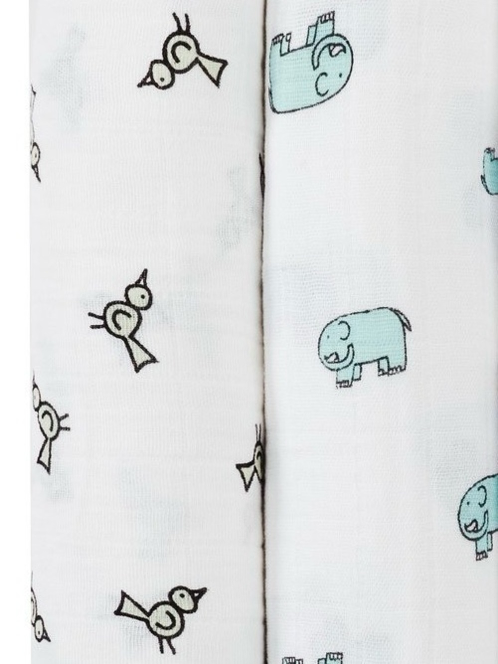 2 Aden + Anais Muslin Baby Swaddle Blanket White w/ Elephant, Bird Nursery Print